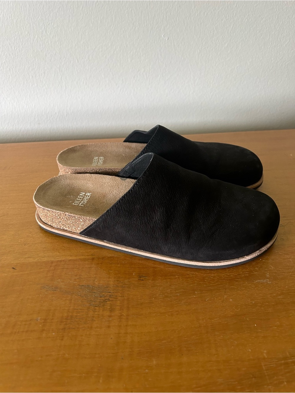 Eileen Fisher Bios Tumbled Nubuck Mule Clog Slip On Black Leather 7 Minimalist